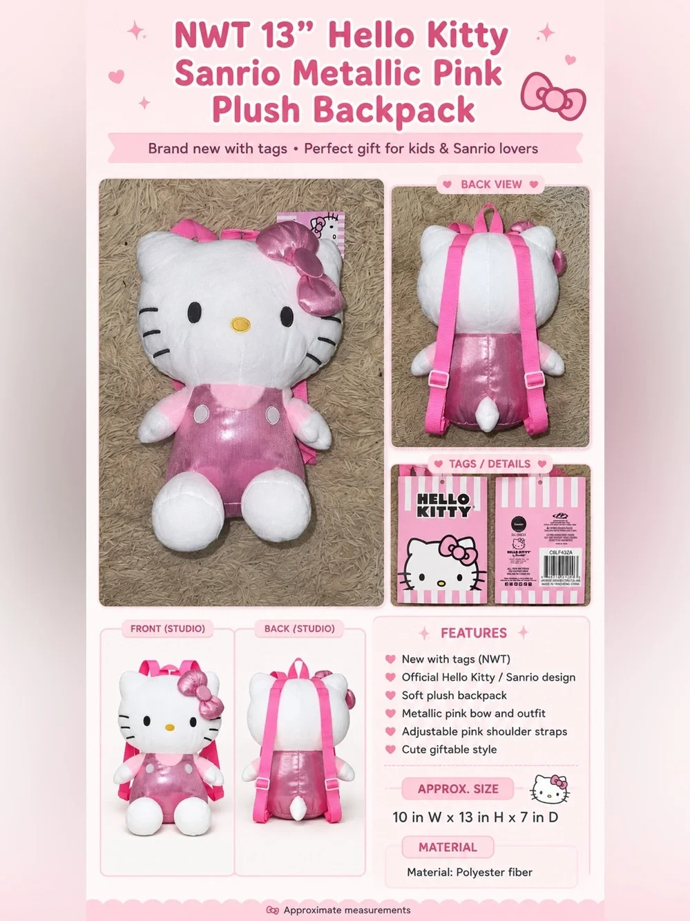 NWT Sanrio Hello Kitty 13” Metallic Pink Plush Backpack Kawaii